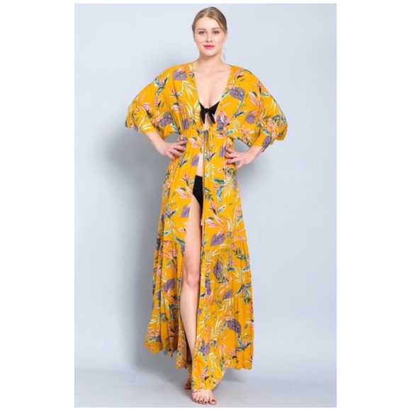 Mustard Floral Maxi Kimono Coverup Wrap Duster - Picture 4 of 8